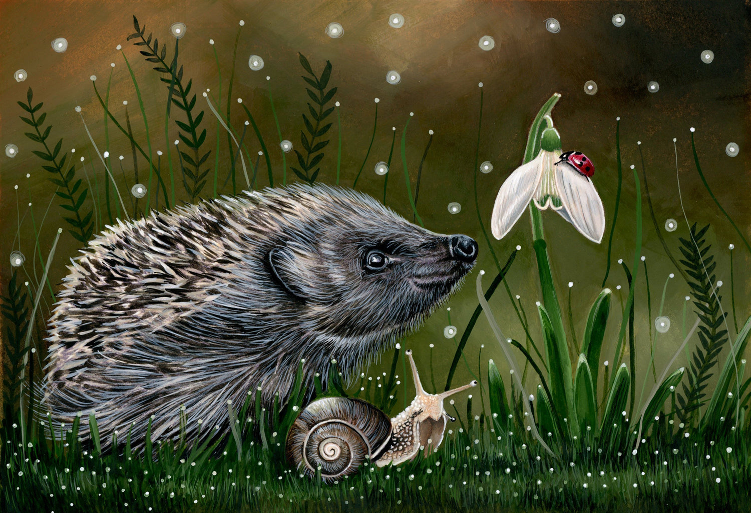 hedgehog snowdrop snail painting art